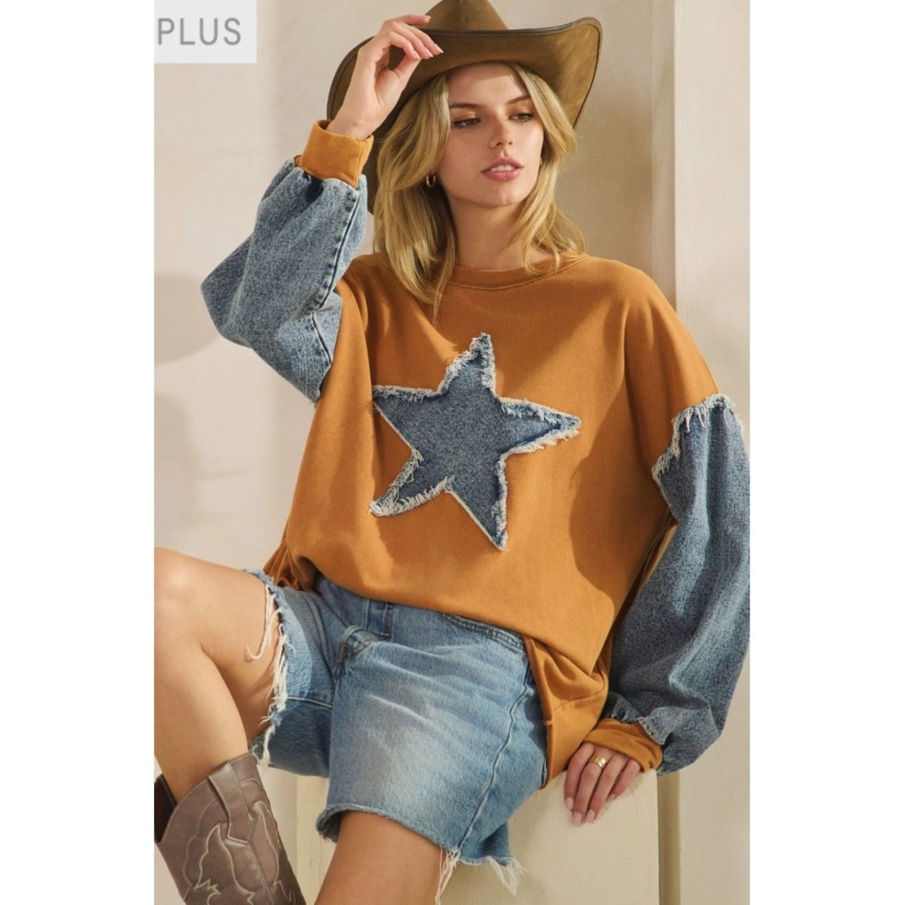 180 Sage & Fig Wild Star Camel / Denim Pullover - 3X - 30" PTP (BB3)